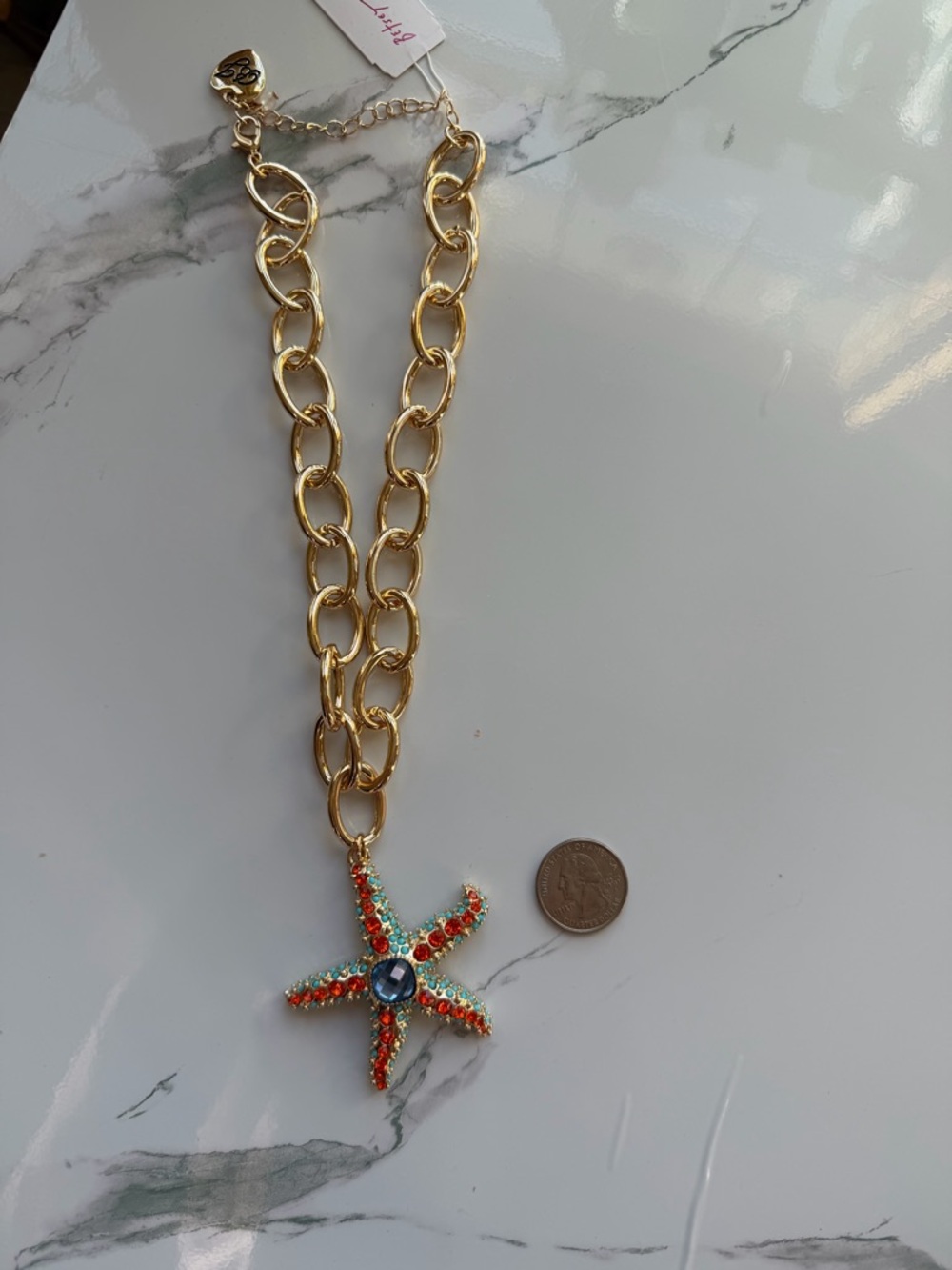 Rare Betsey Johnson Shiny Gold Oversized Link Starfish Necklace with Earrings - Picture 6 of 7
